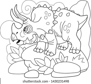 cartoon prehistoric dinosaur Triceratops, coloring book, funny illustration