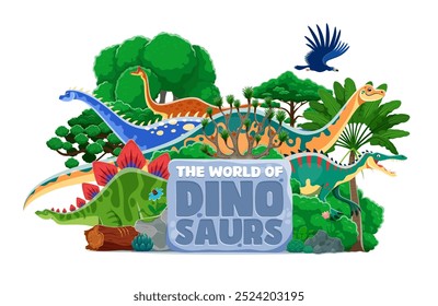 Cartoon pré-histórico dinossauros atlas capa do livro com personagens dino engraçados, fundo vetorial. Mundo de dinossauros crianças atlas capa do livro com lagartos da era Jurássica, répteis e pássaros na floresta da selva