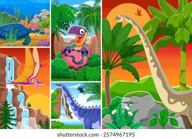 Cartoon prehistoric dinosaurs characters collage of jurassic dino animals and reptiles in jungle forest and ancient sea. Funny dinosaurs vector personages of dimorphodon, henodus and paralititan