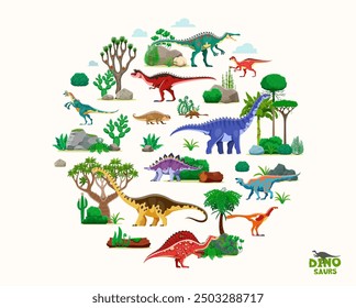 Cartoon prehistoric dinosaurs characters and Jurassic dino lizards, vector poster. Kids paleontology collection of prehistoric dinosaurs, giant lizards or reptiles in jungle forest of Jurassic era