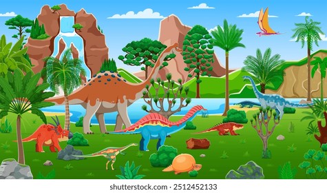 Personajes de dinosaurios prehistóricos de dibujos animados y lagartos jurásicos en el bosque de selvas, fondo de Vector. Parque de dinosaurios para niños o museo de paleontología y atlas de dinosaurios con divertidos lagartos de la era prehistórica