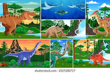 Cartoon prähistorische Dinosaurier Collage von Jurassic Ära Eidechsen und Reptilien, Vektorhintergrund. T-Rex, Riesenechsen und Unterwasser-Reptilien im Wald für Kinder Dino Welt Atlas oder Paläontologie Buch