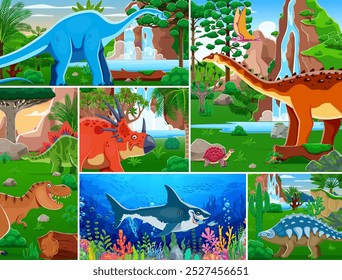 Cartoon prähistorische Dinosaurier Collage. Vektor-Dino-Arten in üppigen Landschaften und Unterwasserszenen. Uralte terrestrische, vogelartige und aquatische Reptilientiere in ihrem natürlichen Lebensraum