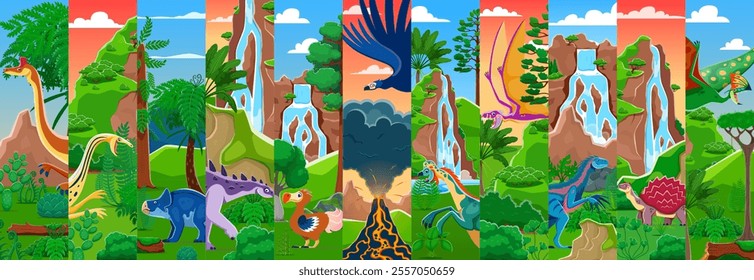 Cartoon prehistoric dinosaurs collage of vector jurassic reptiles and birds. Prehistoric dino animal characters at jungle forest. Funny dinosaurs, volcano and mountain waterfall landscape background