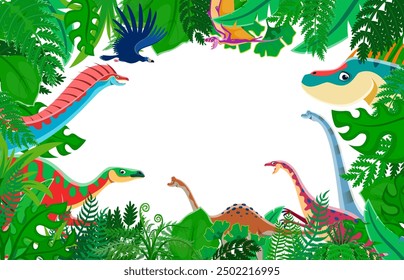 Dinosaurios prehistóricos de dibujos animados en el marco del bosque de la selva con bordes de Vector de hojas verdes de palmera y animales dino jurásicos. Cute titanosauria, amargasaurus, anchisaurus y argentavis marco de dinosaurio