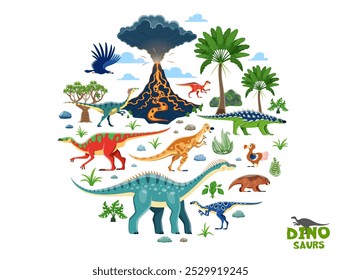 Dibujos animados de dinosaurios prehistóricos, bosque jurásico y volcán alrededor del Anuncio. Divertidos animales de dinosaurio y personajes de Vector de aves de dinosaurio, palmeras de la selva. Argentavis lindo, lystrosaurus, anatotitan y raphus