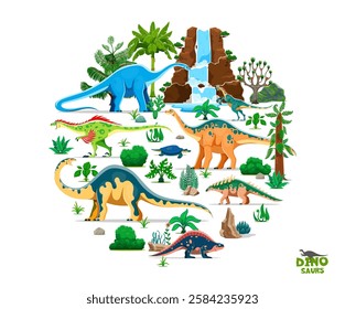 Cartoon prehistoric dinosaurs and Jurassic lizard characters, vector dino animals. Prehistoric period and Jurassic era park funny reptiles and raptors in jungle forest for kids dino toys collection