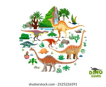 Personaje de dibujos animados de dinosaurios prehistóricos y lagartos jurásicos en el bosque, Anuncio de Vector. Animales extintos del mundo Dino y aves prehistóricas con reptiles para dinosaurios atlas libro o museo de paleontología