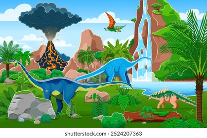 Paisaje prehistórico del parque de los dinosaurios de la historieta. Vector de la antigüedad con coloridas especies de dinosaurios, volando y deambulando entre árboles y una exuberante vegetación con una erupción volcánica en el fondo