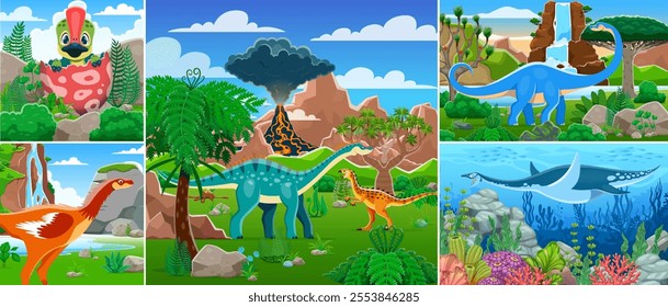 Cartoon prehistoric dinosaurs and reptile characters collage. Jurassic dino animals and baby in egg vector personages of cute datousaurus, scutellosaurus, zephyrosaurus and elasmosaurus dinosaurs