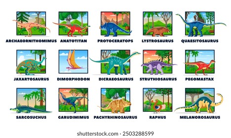 Prähistorische Dinosaurier-Zeichentrickserien, die Dinoarten mit Namen zeigen, auf lebendigen Landschaftshintergründen, die ihre natürlichen Lebensräume darstellen. Vektorkarten für pädagogisches Lernen, lustige Spiele oder Bücher