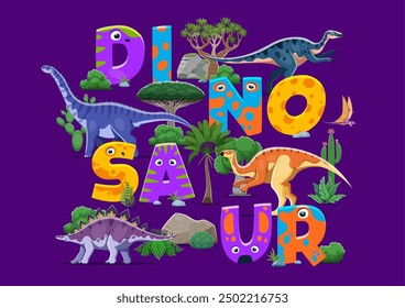 Cartoon prehistoric dinosaurs for T-shirt print with funny Jurassic lizards and letters, vector kids design. Prehistoric dinosaur characters, dino lizards, reptiles and birds in Jurassic park forest