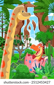 Dibujos animados de dinosaurios prehistóricos. Escena atractiva del Vector con el carácter divertido del brachiosaurus y el bebé recién nacido Dino que eclosiona del huevo en medio del paisaje exuberante de la selva con una cascada y verdor tropical