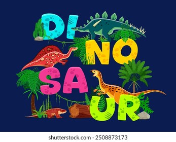 Cartoon prehistoric dinosaurs. Vector eye-catching t-shirt print or typography featuring funny dino animal species at dark blue background with colorful playful letters, palm trees, ferns and logs