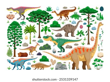 Cartoon prehistoric dinosaurs and vegetation vector set. Vibrant Jurassic era environmental elements, dino species, eggs and flora. Trees, rocks, shrubs and ferns from the ancient Earth life periods