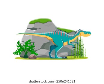 Cartoon prehistoric dubreuillosaurus dinosaur character. Isolated vector carnivore reptile dino next to greenery and a rock formation. Ancient animal Genus of theropods from the middle jurassic period