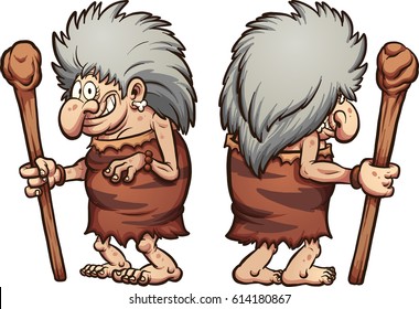 Cartoon prehistoric grandma, front and back. Vector clip art illustration with simple gradients, each on a separate layer. 