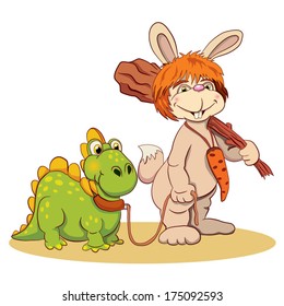 Cartoon prehistoric hare with a cudgel leads on a leash of dinosaur. Color