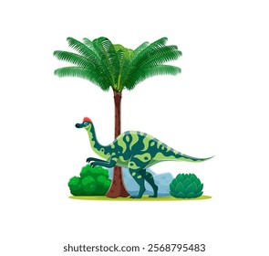 Cartoon prehistoric Hypacrosaurus dinosaur character. Isolated vector duck-billed dino reptile. Ancient herbivore animal of Late cretaceous period stands under palm tree with foliage and rocks around