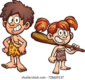 Cartoon prehistoric kids. Vector clip art illustration with simple gradients. Each on a separate layer. 