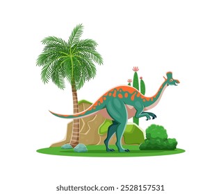 Caráter de dinossauro lambeossauro pré-histórico do desenho animado. Vetor colorido herbovore dino bico de pato, réptil antigo em uma exuberante paisagem tropical vibrante com palmeira, arbusto verde, rocha e planta de cactos