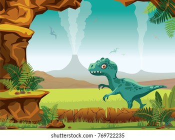 Cartoon prehistoric landscape with stone cave, green fern, tyrannosaur, active volcanoes and silhouette of pterodactyls on a blue sky. Vector nature illustration with extinct animals - dinosaurs.