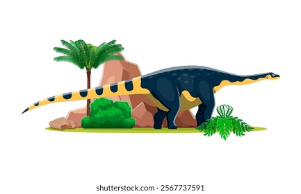 cartoon prehistoric magyarosaurus dinosaur character. Isolated vector ancient herbivore reptile animal in natural environment with rock, tree and fern plants. Late cretaceous paleontology era lizard