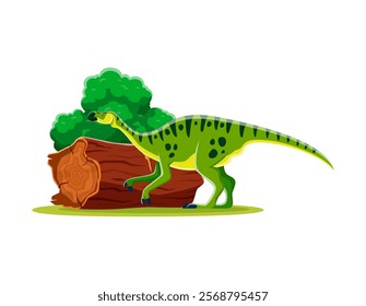 Cartoon prehistoric maiasaura dinosaur character. Isolated vector green dino with spots standing by a tree stump in a grassy area landscape. Ancient herbivore reptile from the Late Cretaceous period