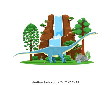 Cartoon prehistoric mamenchisaurus dinosaur character. Isolated vector long-necked sauropod with blue spotted skin standing before a majestic mountain with a waterfall at serene Mesozoic landscape