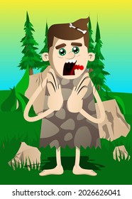 Cartoon prehistoric man with clapping hands. Vector illustration of a man from the stone age.