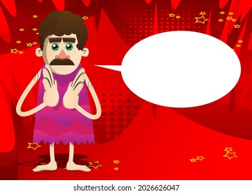 Cartoon prehistoric man with clapping hands. Vector illustration of a man from the stone age.