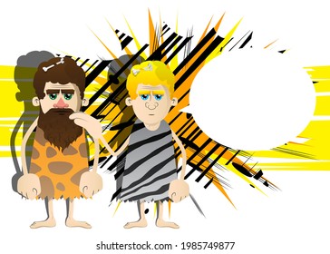 Cartoon prehistoric man comforting another. Vector illustration of a man from the stone age. Helping a friend when he is sad.