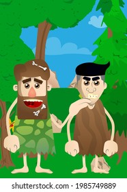 Cartoon prehistoric man comforting another. Vector illustration of a man from the stone age. Helping a friend when he is sad.