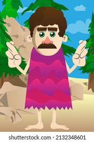 Cartoon prehistoric man crossing his fingers and wishing for good luck. Vector illustration of a man from the stone age.