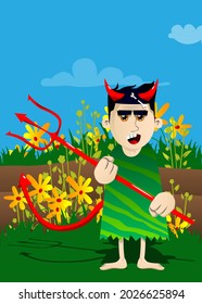 Cartoon prehistoric man devil with pitchfork. Vector illustration of a man from the stone age.