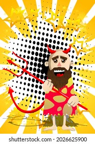 Caricatura de hombre prehistórico diablo con horquilla. Ilustración vectorial de un hombre de la edad de piedra.