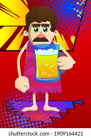 Cartoon prehistoric man drinking beer. Vector illustration of a man from the stone age.