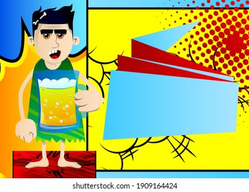 Cartoon prehistoric man drinking beer. Vector illustration of a man from the stone age.