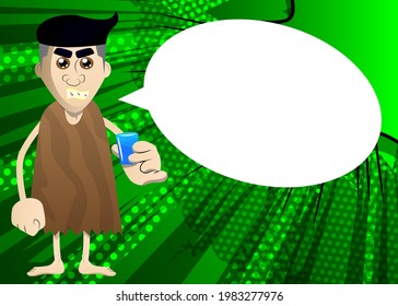 Cartoon prehistoric man drinking brandy. Vector illustration of a man from the stone age.