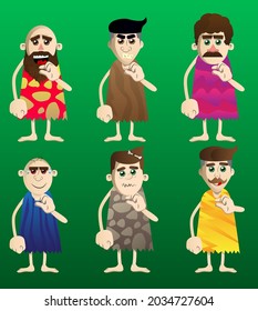 Cartoon prehistoric man gesturing a small amount with hand. Vector illustration of a man from the stone age.