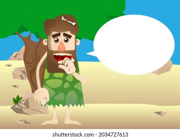 Cartoon prehistoric man gesturing a small amount with hand. Vector illustration of a man from the stone age.