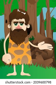 Cartoon prehistoric man giving a hand. Vector illustration of a man from the stone age greeting you.