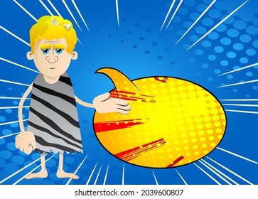 Cartoon prehistoric man giving a hand. Vector illustration of a man from the stone age greeting you.