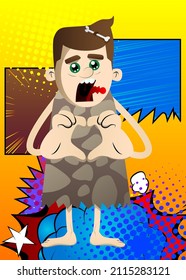 Cartoon prehistoric man with heart shape hand gesture. Vector illustration of a man from the stone age.