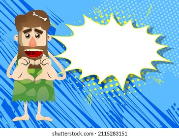 Cartoon prehistoric man with heart shape hand gesture. Vector illustration of a man from the stone age.