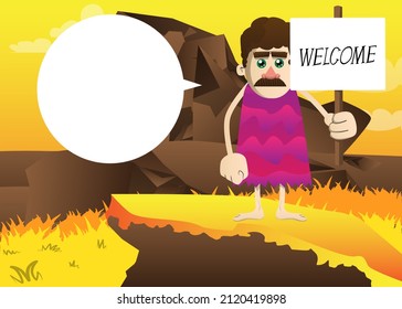 Cartoon prehistoric man holding a banner with welcome text. Vector illustration of a man from the stone age.