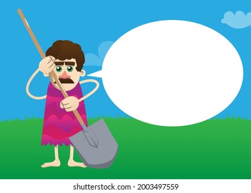 Cartoon prehistoric man holding a big shovel. Vector illustration of a man from the stone age.