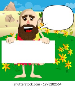 Cartoon prehistoric man holding blank sign. Vector illustration of a man from the stone age with a big banner, paper, poster.
