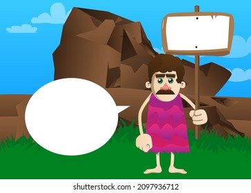Cartoon prehistoric man holding blank sign. Vector illustration of a man from the stone age.
