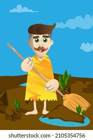 Cartoon prehistoric man holding a broom. Vector illustration of a man from the stone age.